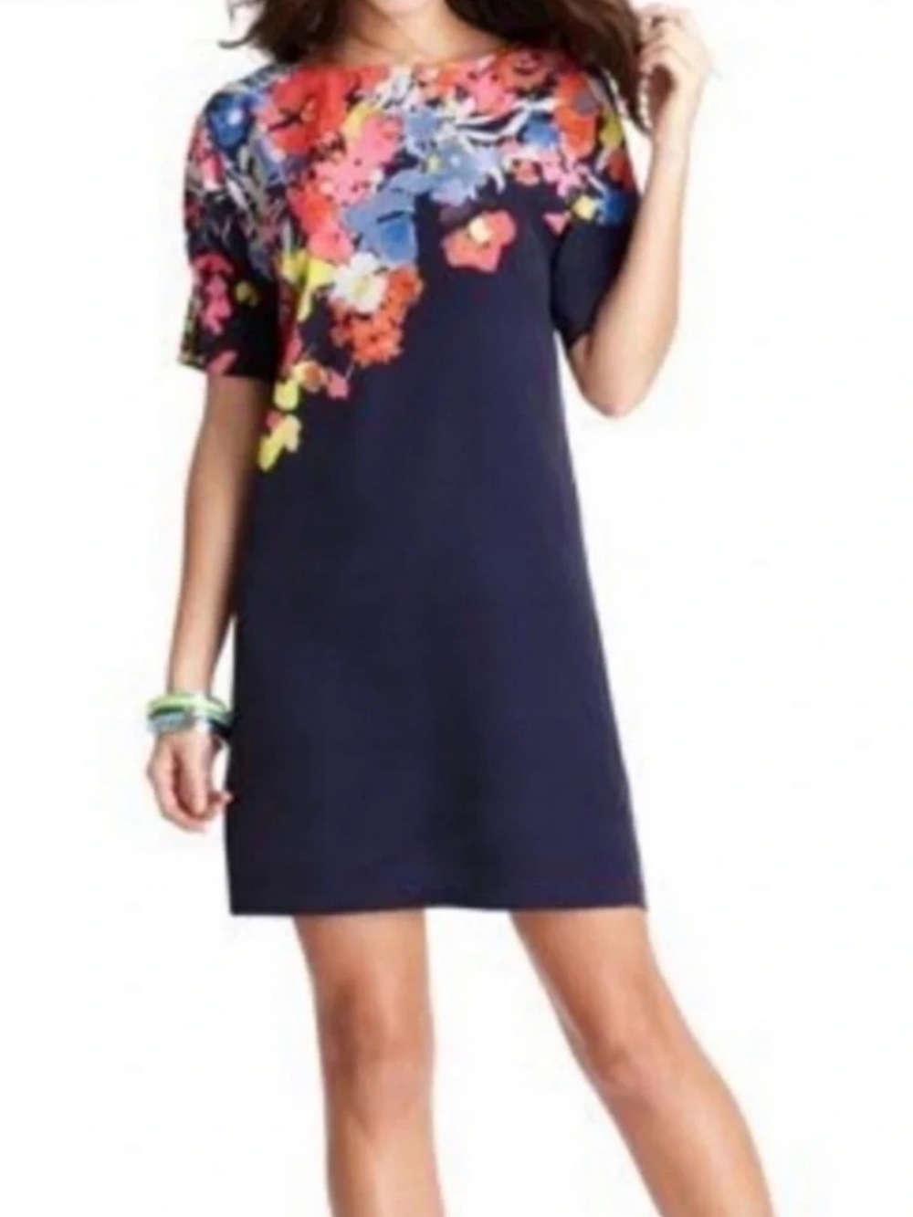 LOFT Navy Mini Dress with Bright Floral Yoke